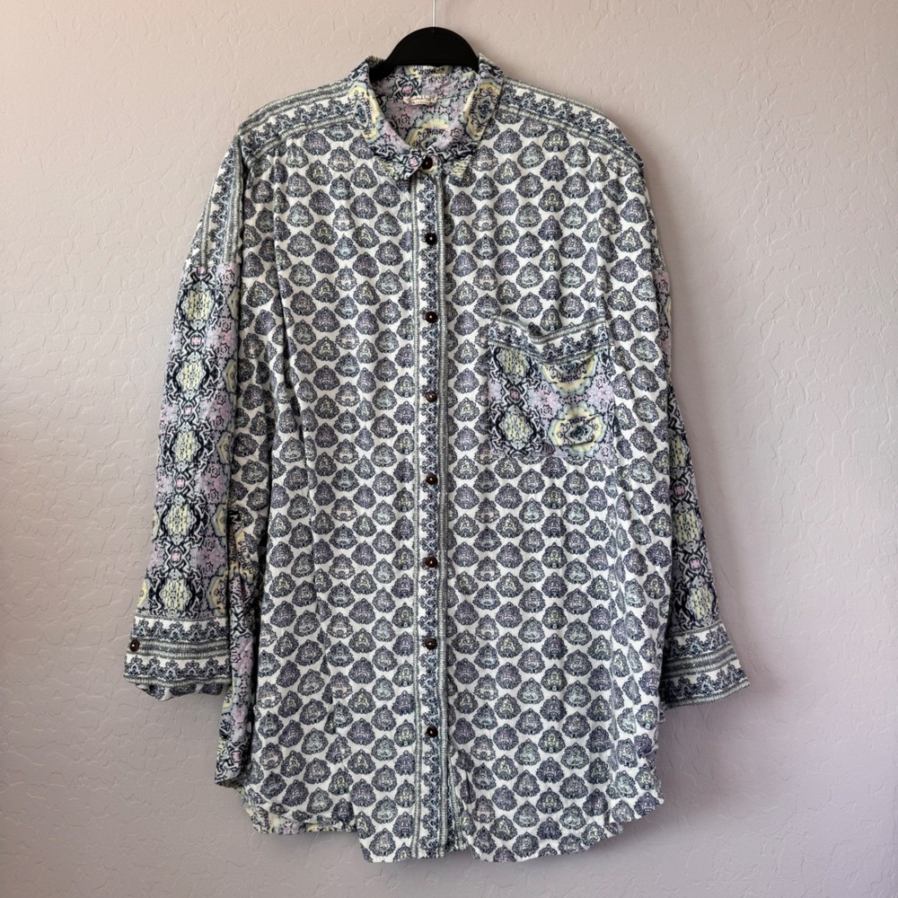 Intimately Free People Large Printed Button Down Top Long Sleeve Shirt Boho